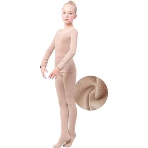 imageDaydance Nude Kids Girls Base Layers Set Tan Active Undergarments for Dance Ballet Gymnastics Performance in WinterNudefleece Lined