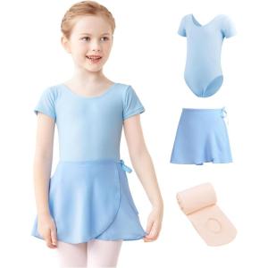 imageDaydance Lined Spandex Girls Dance Leotards with Removable Ballet Skirts Dance Tights 3 in 1 SetBlue Lining Set